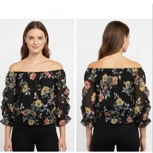 1832TY Black Floral Off the Shoulder Mesh Smocked Blouse Ruffle‎ Sleeve M 1832TY